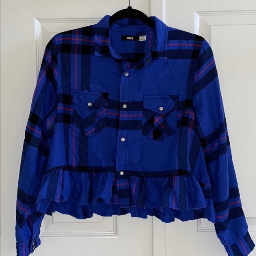 UO Blue Sapphire Plaid Ruffle Peplum Crop Flannel